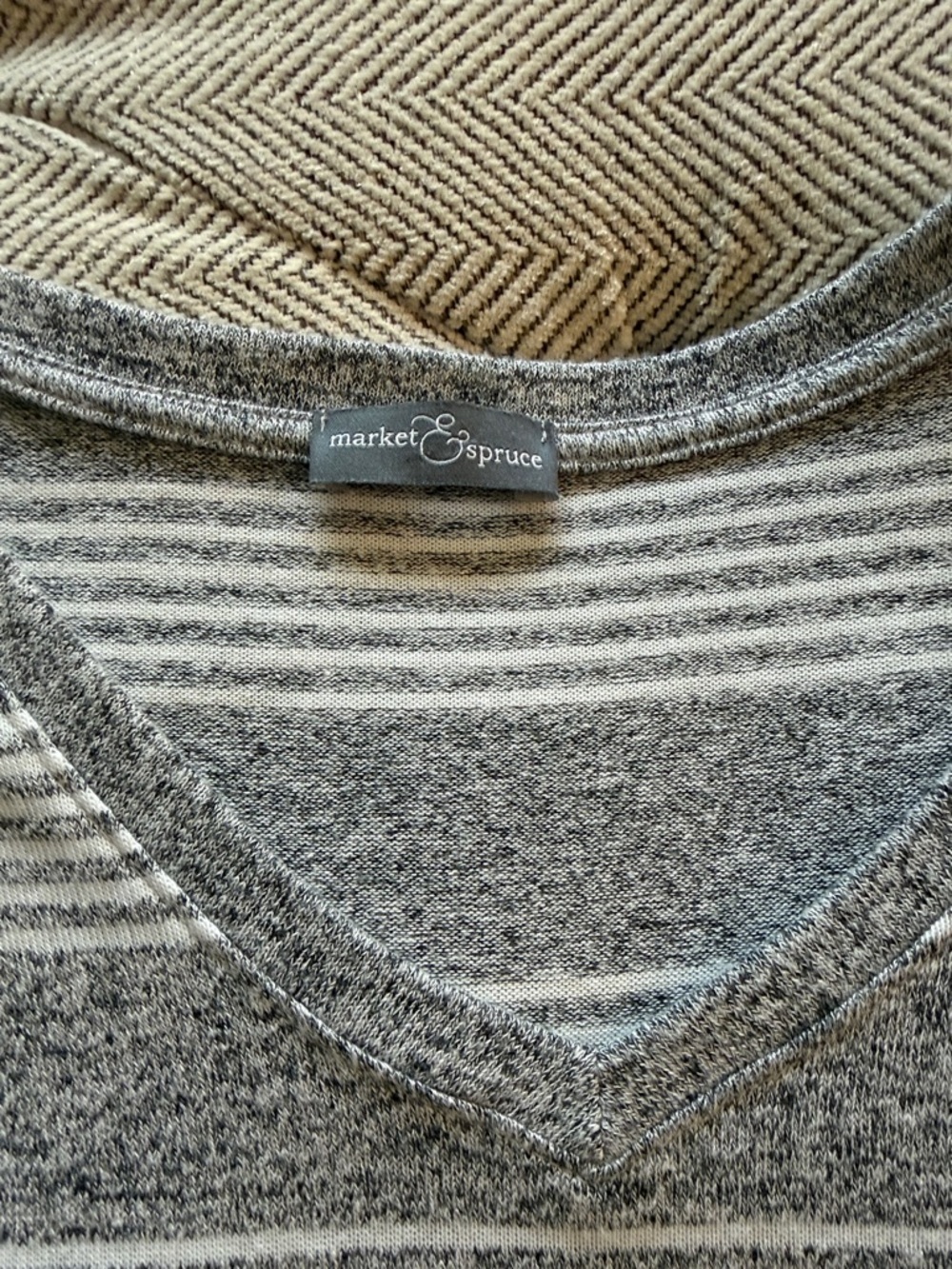 Market & Spruce Gray and Cream Striped V-Neck Knit Top